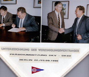 Historischer Händedruck durch Dr. Ulrich Juschkus, DKSV und Heinz Kohring, DKV im September 1990